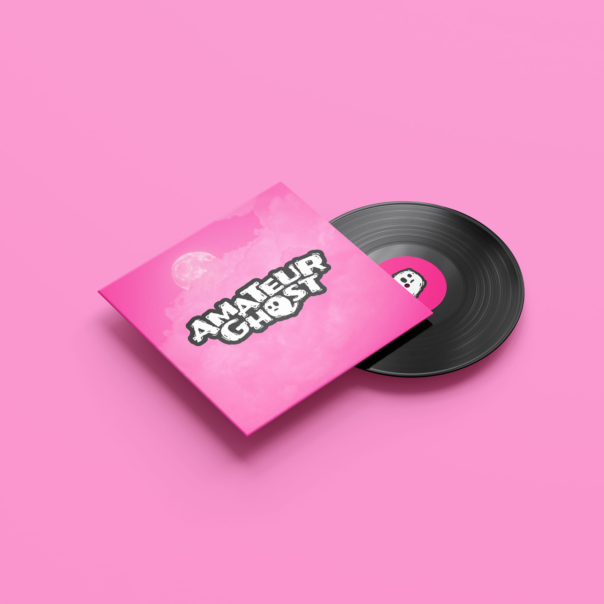 The new Amateur Ghost logo on a pink vinyl record