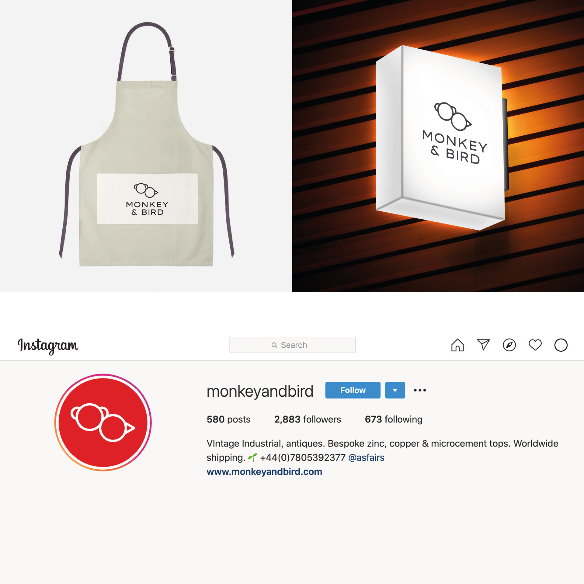 Monkey & Bird logo as an Instagram profile pic, embroideered on an apron, and on a shop sign