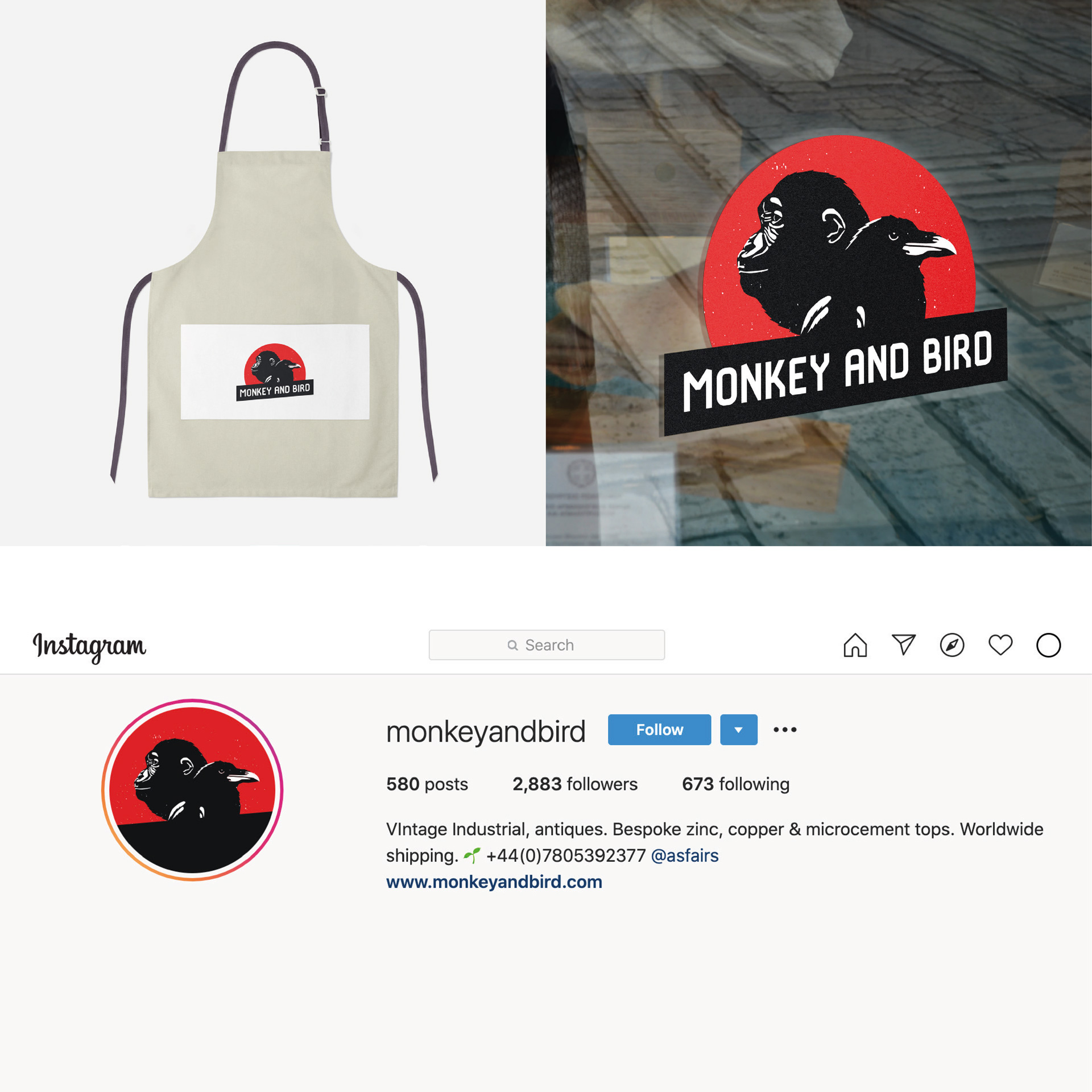 Monkey & Bird logo as an Instagram profile pic, embroideered on an apron, and on a shop sign