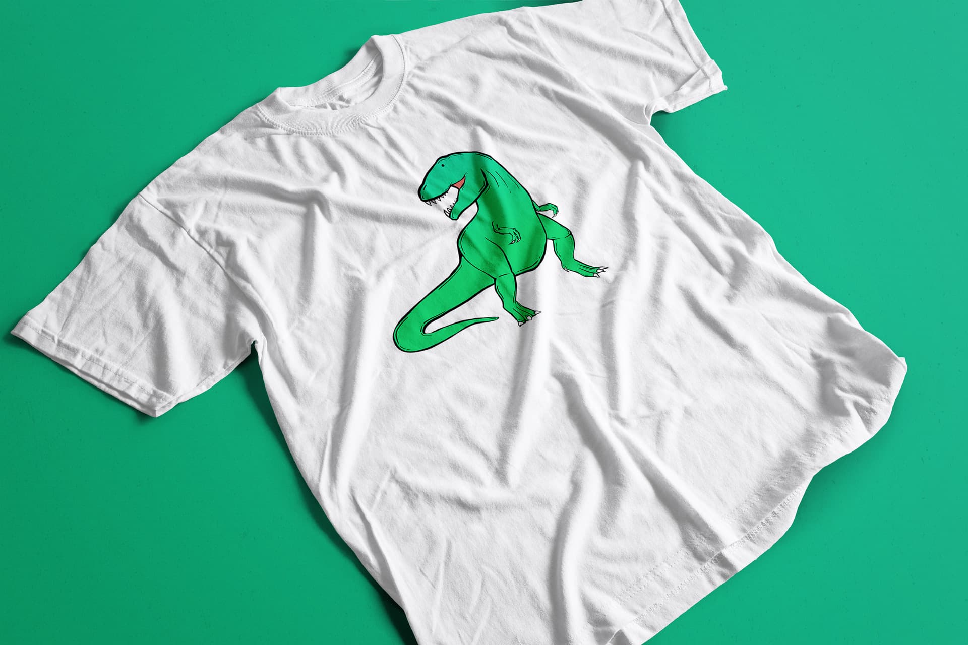 White T-Rex t-shirt on a green background